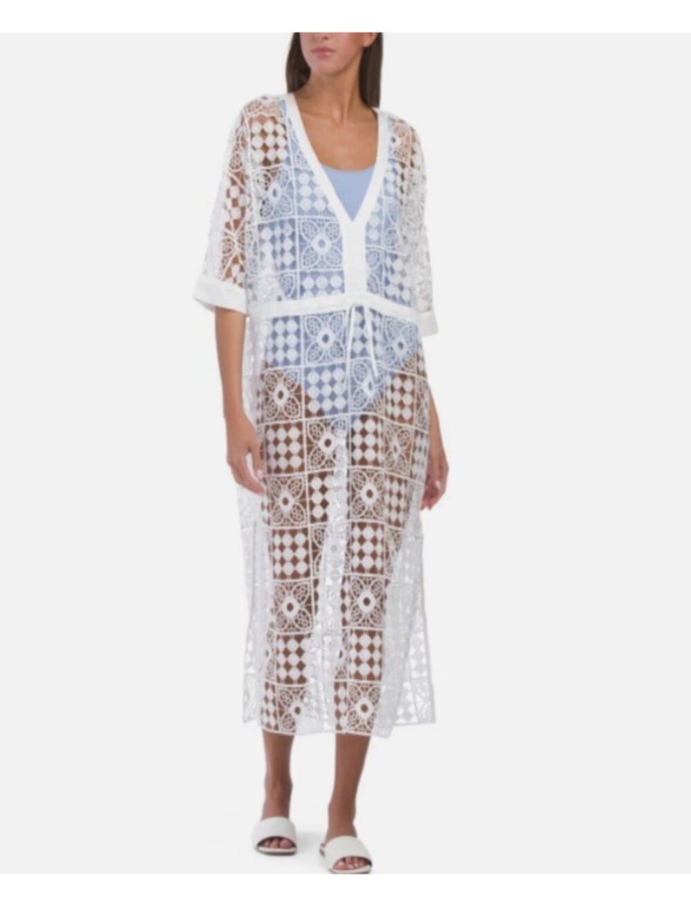 NWT 4Our Dreamers Anthropologie White Crochet Lace Tie Cover Up Caftan